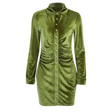 Velvet Frill Button Dress Sexy Elegant Long Sleeve Turn Down Collar Slim Autumn Vintage Casual Party Mini Dress