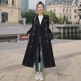 New England Style Slim Long Women Trench Coat Black Double-Breasted Office Lady Duster Coat Female Outerwear