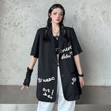 Gothic Women Thin Blazers Summer Short Sleeve Loose Button Up Black Long Jacket Streetwear Fashion Letter Print Coats