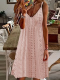 Woherb Women's Summer New Hollow Jacquard V-Collar Sling Solid Color Dress-Outfit