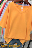 100% Cotton M-6XL T Shirt Solid V Neck Tshirt Short Sleeve Women's Top Basic Summer Couple Oversized T Shirts-Outfit