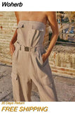 2023 Women Summer Strapless Jumpsuit Rompers Fashion Solid Linen Belt Off shoulder Female Elegant Street Overalls Cloth-Outfit