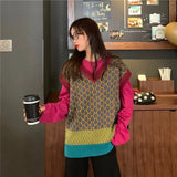 New Colorful Vests Women Fall Casual Loose V-neck Knit Pullovers Sleeveless Female Street Style Hit Color Knitted