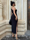 Dress Women Summer New Sexy Split Solid Sleeveless Backless Slim Dress Female Fashion Off Shoulder Club Elegant Party Dress-Outfit