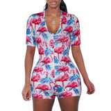 Women Sexy V-Neck Bodycon Bodysuit Casual Printed Button Sleepwear Jumpsuit Shorts Romper Leotard Sexy Ladies Summer Pajamas