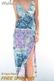 2023 Women Summer Strap Dress Vintage Print Strapless Backless Split Female ELegant Street Bow Mid-Calf Dresses Clothing-Outfit