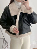 Winter Jacket Women Short Faux Leather Coat Shearling Sheepskin Retro Motorcycle Parkas Fleece Female Snow