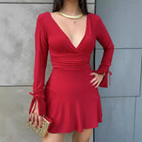 Autumn Women's New Deep V Long-Sleeved Sexy Tee Rope Dew Backpack Hip Short Dress