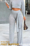 Women 2pcs Clothes Suit Solid Color Casual Long Sleeve Crop Top & Tied Detail Loose Wide Leg Pant Set-Outfit