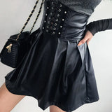 Autumn Fashion Vintage Lolita Style Punk Women Skirts High Waist Bandage PU Leather A-line