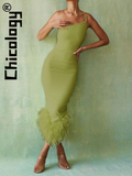 Feather One Shoulder Halter Black Bodycon Sexy Midi Dress Elegant Festival Party Birthday Evening 2022 Women Clothing-Outfit