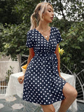 Women's Wear Station Summer Wave Dot Sexy V-Neck Short-Sleeved Dress-Outfit
