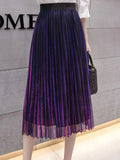 Spring Midi Shine Gradient Color Mesh Skirt Women Party High Waist Pleated Long Tulle Skirt QT1864-Outfit