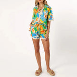 2 Piece Lounge Set for Women Summer Casual Floral Two Piece Vacation Outfits Button down Pajamas Ric Rac Shorts Set-Outfit
