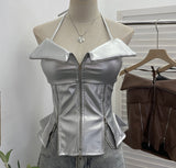 Shoot Hottie Hanging Neck Zipper Open Fork Sling Vest Pu Skin Bra Repair Short Sleeveless Top