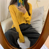 Woherb Thin V-Neck Long-Sleeved Sweater Coat Female Autumn 2024 New Korean Version Of Net Celebrity Large Size Bottom Shirt Tide-Outfit