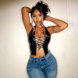 hirigin Black White PU Leather Sexy Crop Top Y2k Streetwear Halter Backless Lace Up Bandage Tank Tops Women Clothing