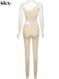 Kliou Concise 2 Piece Set Women Sexy Skew Collar Crop Tops+Pencil Pants Matching Outfit Girl Hot Skinny Classic Street