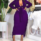 Women Two Piece Casual Dress Suits Long Sleeve Tie Front Crop Top & Tassels Bodycon Maxi Skirt Set-Outfit