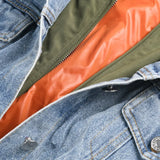 Winter Casual Denim Patch Ruched Long Sleeve Padded