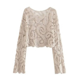 Women Fashion Cropped Semi-sheer Crochet Knit Sweater Sexy O Neck Long Sleeve Female Pullovers Chic Tops-Outfit
