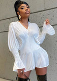 Sweet V-neck Full Sleeves Solid Pleated Mini A-line Club