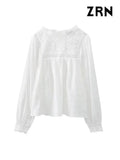 ZRN-Women's Floral Embroidery Blouse With Lace, O Neck, Long Sleeve, Female Shirts, Chic Tops, Fashion-Outfit