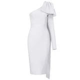 Colors High Quality Runway Bownot One Sleeve Orange Purple Long Sleeve Rayon Bandage Dress Party Bodycon Dress