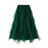 Spring New High-Waisted Lotus Leaf Side Splicing Mesh Dress Half-Dress Woman's Long-Term Large Folding Skirt