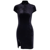 Chinese Style Velvet Cheongsam Dress Women Bodycon Vintage Retro Short Sleeve Split Mini Traditional Lady Elegant