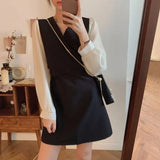 Woherb Long-Sleeved Chiffon Dress Waist Show Thin Bottom Skirt Female New Fake Two Foreign Style Small Short Skirt-Outfit