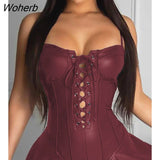 Spring Autumn Women Sexy Plain PU Leather Dress Female Latex Brazilian Spaghetti Strap Eyelet Lace Up Pleated Party Wear-Outfit