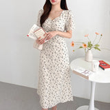 Woherb Chic Summer Retro Elegant V-Neck Hollow Back Strap Design Waist Show Thin Short-Sleeved Floral Dress-Outfit