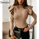 2020 Fashion White Lace Patcheok Ruffles Long Sleeve Skinny Knitted T Shirt Women Casual Sexy Black Autumn Basic