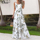 Elegant Sleeveless Tank Dress Celmia Bohemian Floral Print Long Party Dress 2022 Summer Holiday Casual Belted Maxi