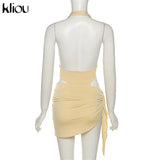Kliou Solid Deep V sexy Two Piece Sets Midnight Club Halter Top And Skirt Backless Summer Partywear Hollow Out Ruched Women