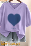 100% Cotton L-6XL T Shirt Plus Size Tshirt Short Sleeve Women Top Summer Heart Print Couple V Neck Oversized T Shirts-Outfit