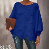 Loose Sweater Cloak Casual Oversized Soft Lantern Sleeve Hollow Out Pullovers Knit O Neck Wave Hem Solid Female