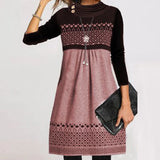 Women 2021 Autumn Winter Elegant Patchwork Print Party Dress Ladies Casual O-Neck Long Sleeve Midi Party Loose A-Line