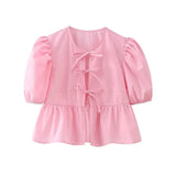 ZRN-Women's Lace Up Cropped Blouses, Puff Sleeves, O Neck, Female Shirts, Chic Tops, Fashion-Outfit