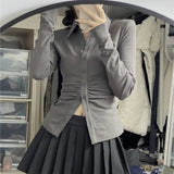 Sexy Shirts Skinny Grey Y2k Long Sleeve Pleated Elegant Chic Korean Fashion Streetwear Outer Wear Layer Top Office Lady