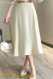 Women Elegant Office Lady Mid-length A-line Skirt With Belt Casual Simple High Waist Long Skirt For Spring Summer QT2061-Outfit