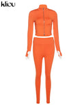Kliou Solid Simple Two Piece Set Women Sheath Slim Casual Sporty Long Sleeve Zipper Top+Body-Shaping Female Activewear