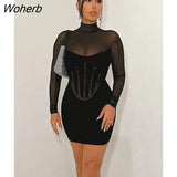 Puss Mesh Patchwork Dress Women Sexy See Through Turtleneck Long Sleeve Skinny Chic Streetwear Midnight Party Mini Bodycon-Outfit