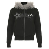And Winter New Hair Splicing Hoodie Women's Dark And Dark Style Personality Street Star Hot Diamond Zipper Coat