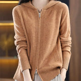 Woherb Zip Hooded Solid Knit Cardigan Women's 2024 New Pocket Wear Casual Loose Sweater Coat-Outfit