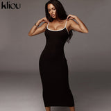Kliou strap backless sexy bodycon midi long dress new women high waist cotton striped dresses elegant fashion party