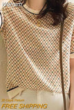 Sleeve Women's Shirt Vintage Square Plaid Tops Printed Ice Silk Shirt New Summer Blouse Ribbed Elegant Women Blouses 18852-Outfit