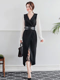 2 Pieces Outfits Elegant Women Lady Temperament Notched Neck Belt Midi Dress Robe Vestidos Sexy Sheer Lace Party Slim Set-Outfit