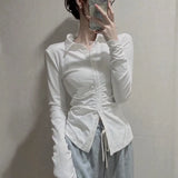 Sexy Shirts Skinny Grey Y2k Long Sleeve Pleated Elegant Chic Korean Fashion Streetwear Outer Wear Layer Top Office Lady